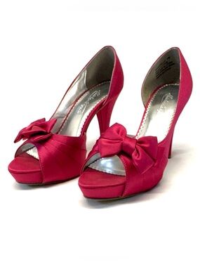 Michelangelo Maribelle Pink Satin D'Orsay Bow PeepToe Platform Pumps Heels Size7